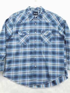 Wrangler Shirt Men 2XL Blue Plaid Long Sleeve Brushpopper Western Pearl Snap